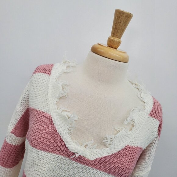 Womens L Striped Distressed Cropped Sweater Pink White Long Sleeve Grunge Y2K - Picture 6 of 16